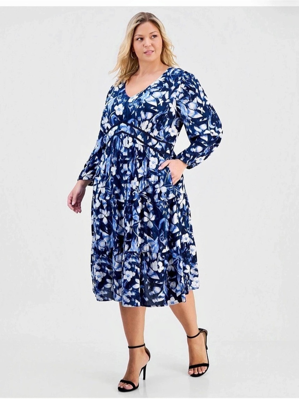 Style & Co Printed V-Neck Waist-Trim Dress Floral Midi Blue & White 4X NEW
